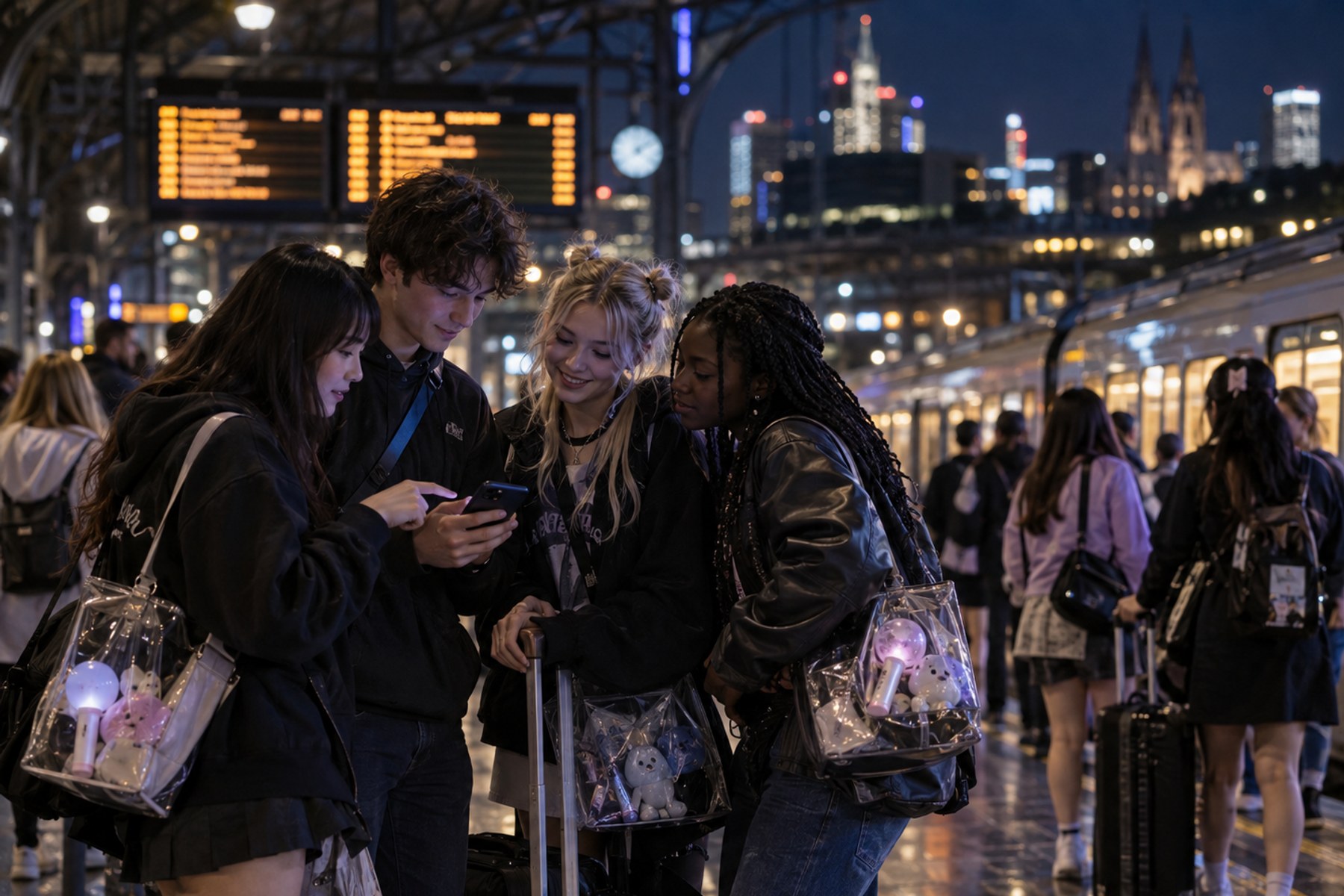 K-pop fans checking late-night rail routes after a European concert.