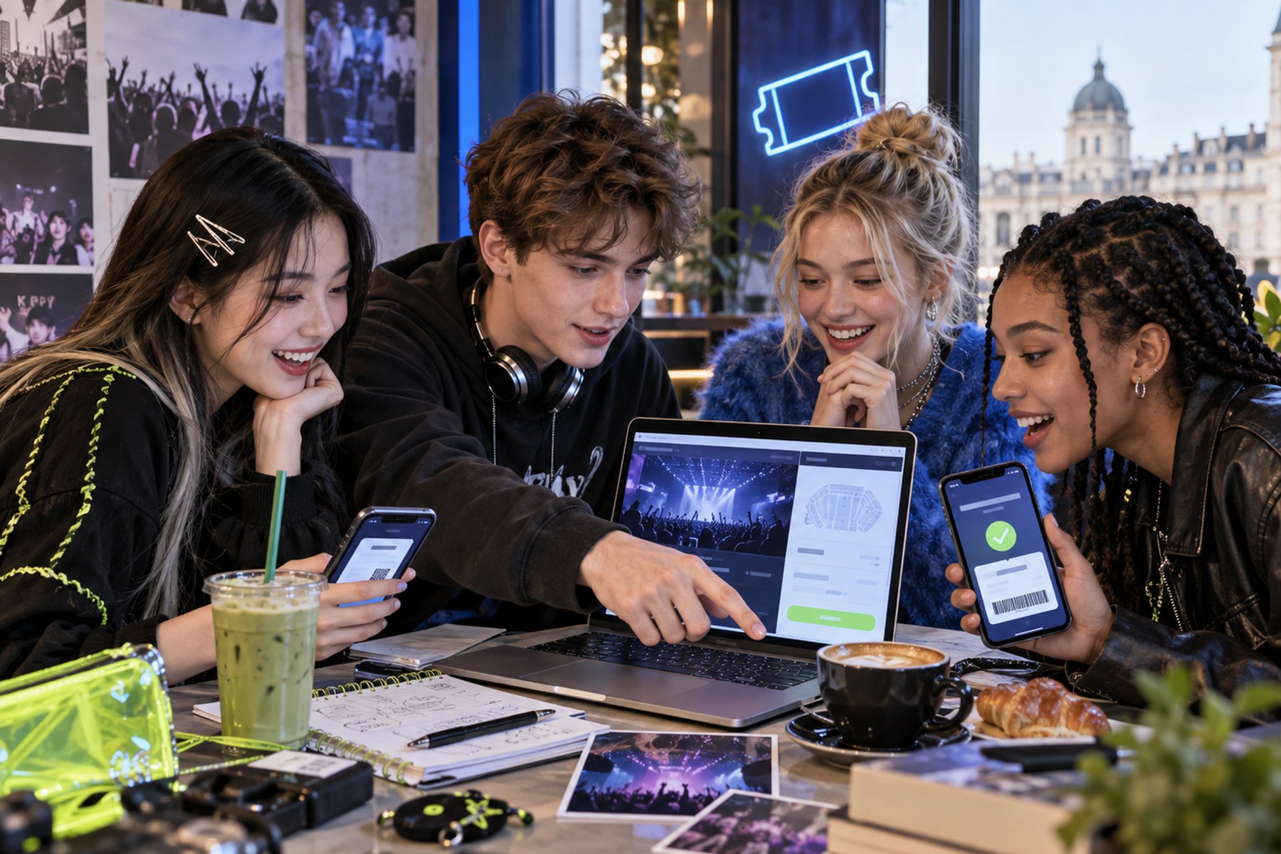 Diverse Gen Z K-pop fans checking official European concert tickets together.