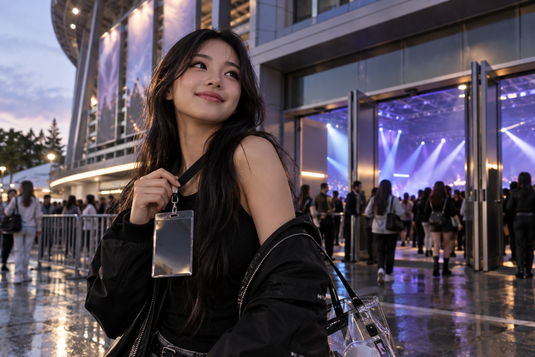 A K-pop fan arriving for a VIP soundcheck experience at an arena.