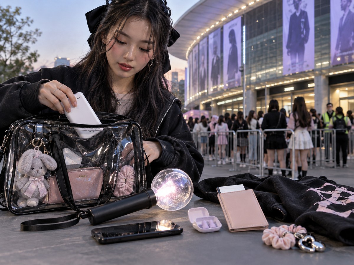 A K-pop fan preparing a clear concert bag, identification and entry essentials.