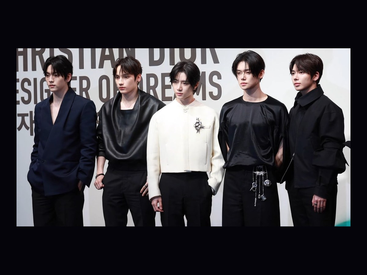 Archive image: TOMORROW X TOGETHER at a Dior event on April 18, 2025. This is not a photograph of the November 2026 STEAL THE WIND concerts.